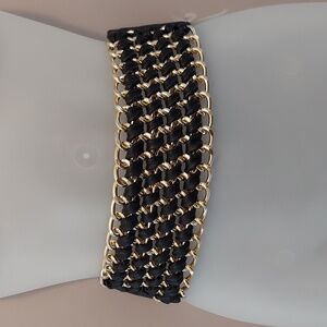 Black Faux Leather and Gold Chain Link Elasticized Stretch Belt One Size NWT